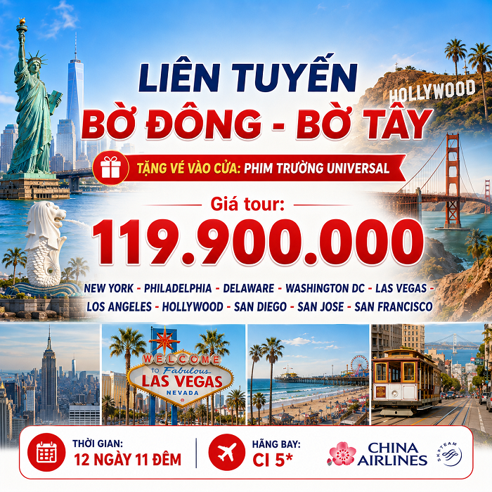 Tour Mỹ: Liên Tuyến Đông Tây Hoa Kỳ 12N11Đ