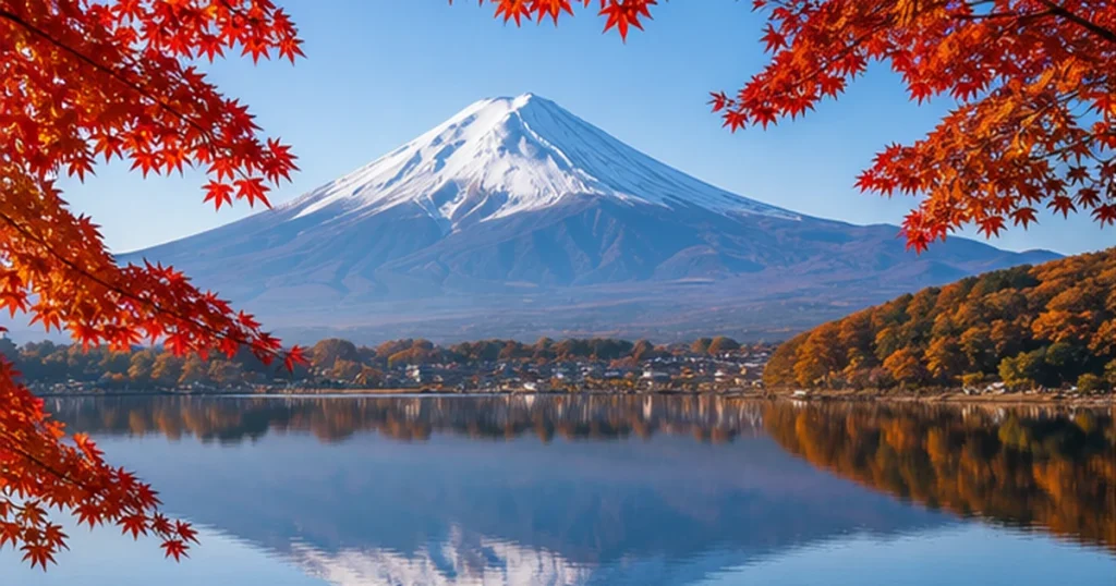Núi Phú Sĩ nhìn từ hồ Kawaguchi giữa mùa lá đỏ