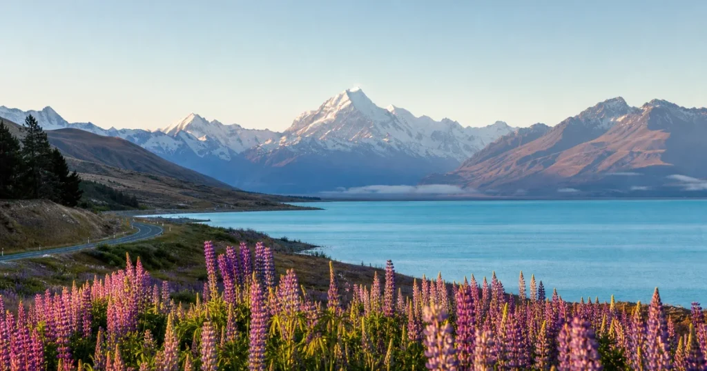 Hồ xanh và dãy Southern Alps trong hành trình du lịch New Zealand