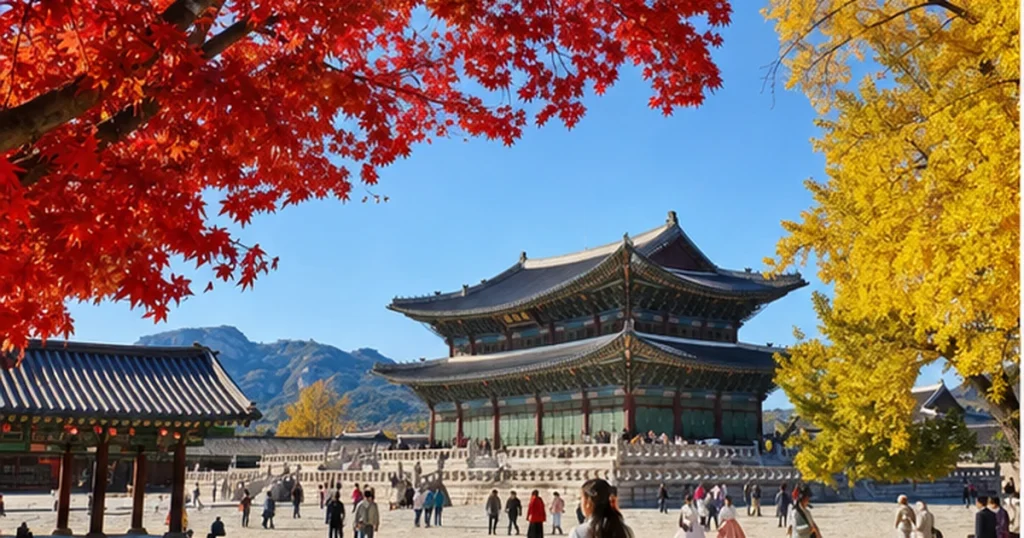 Cung điện Seoul giữa sắc lá đỏ và vàng mùa thu Hàn Quốc