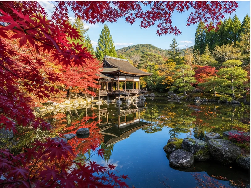 Hồ vườn chùa Kyoto phản chiếu lá đỏ và vàng