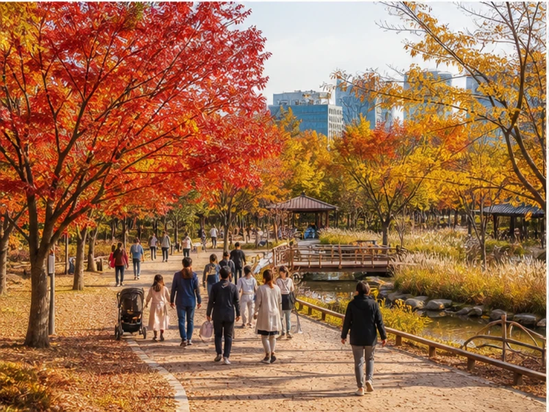 Du khách dạo công viên Seoul giữa sắc phong đỏ và lá vàng mùa thu