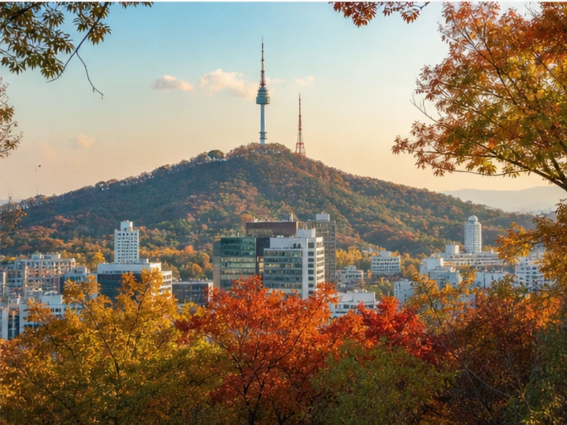 Tháp Namsan và đường chân trời Seoul nhìn qua rừng cây mùa thu