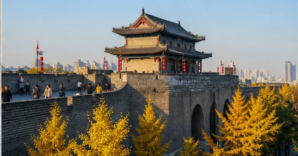 Tường thành Tây An giữa hàng cây ngân hạnh vàng