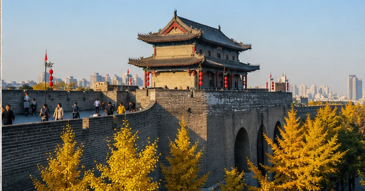 Tường thành Tây An giữa hàng cây ngân hạnh vàng