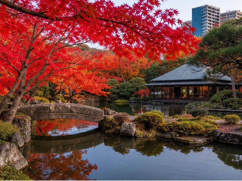 Vườn truyền thống Tokyo với phong đỏ
