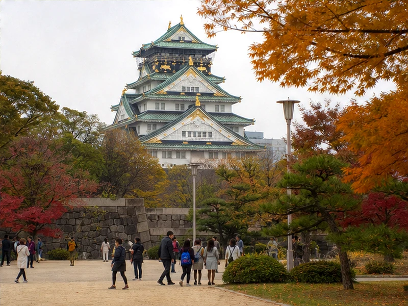 Lâu đài Osaka mùa thu uy nghiêm giữa tán lá phong và ngân hạnh