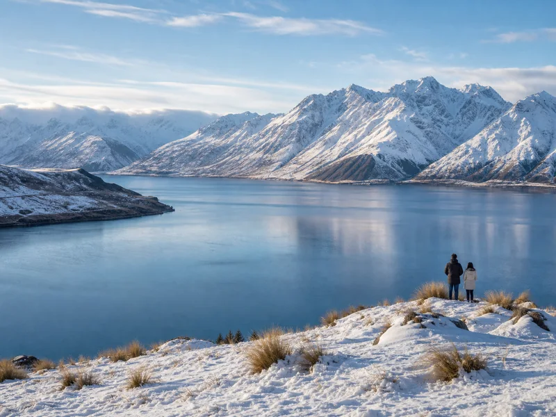 Hồ và núi tuyết tại đảo Nam New Zealand vào mùa đông