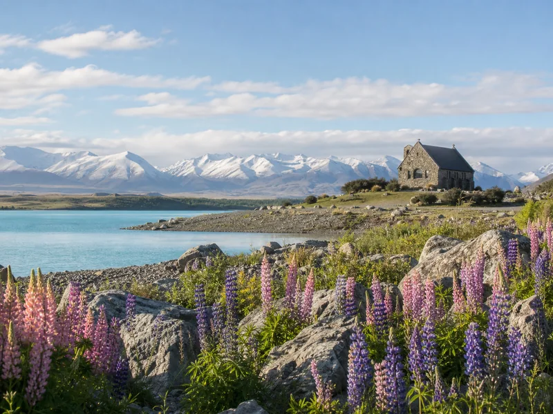 Hoa lupin bên hồ Tekapo vào cuối mùa xuân New Zealand