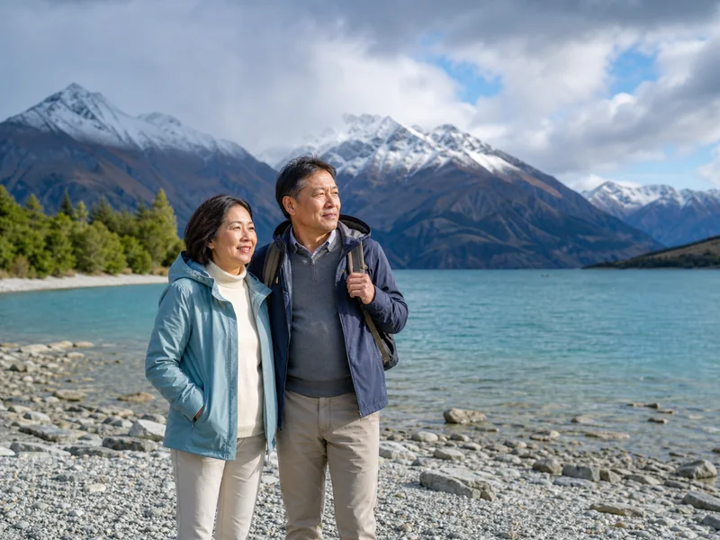 Du khách mặc quần áo nhiều lớp bên hồ và núi tại New Zealand