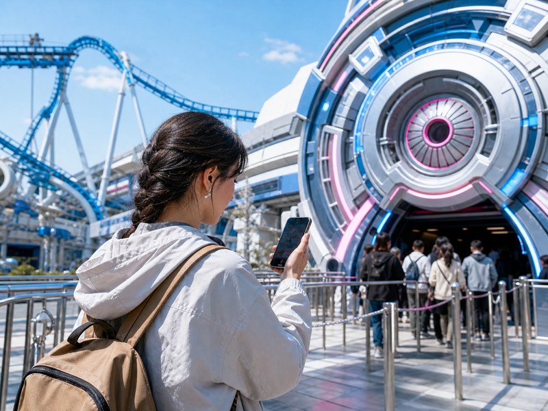 Du khách kiểm tra thời gian chờ và Disney Premier Access trên điện thoại