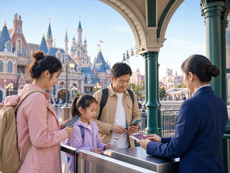 Du khách chuẩn bị vé điện tử và giấy tờ trước khi vào cổng Disneyland Thượng Hải