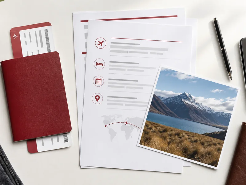 Tài liệu hành trình và giấy tờ cho visa New Zealand được sắp xếp trên bàn