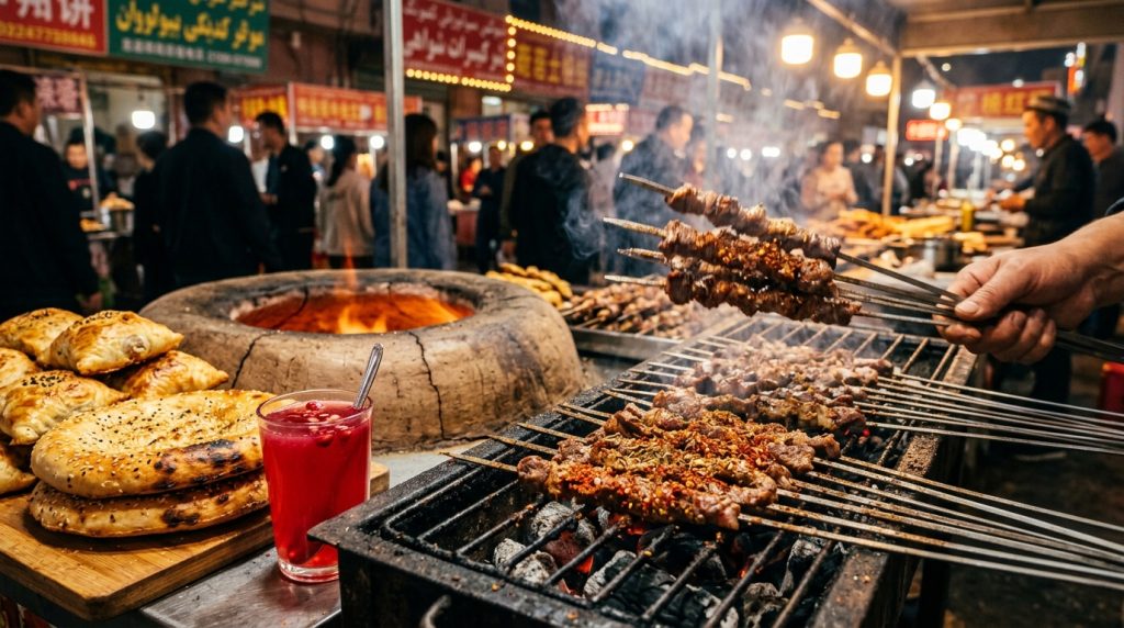Am thuc cho dem Kashgar Nam Tan Cuong thit cuu nuong banh bao samsa