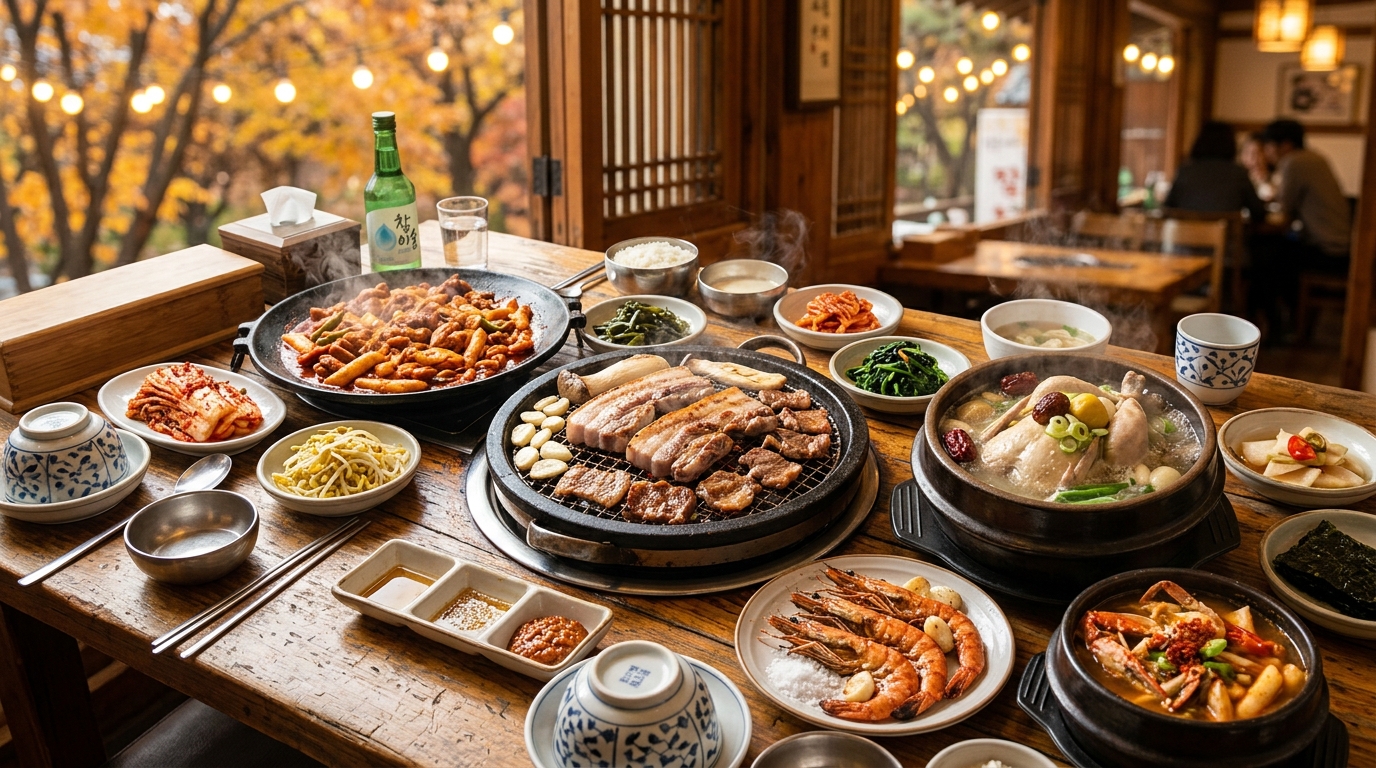 Mâm cỗ ẩm thực mùa thu Hàn Quốc với thịt nướng gà xào bắp cải và canh sâm bổ dưỡng