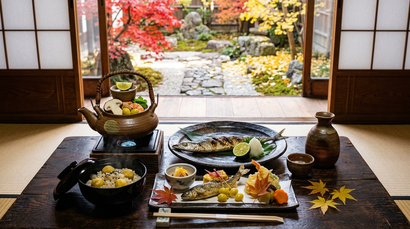 Bữa tiệc ẩm thực mùa thu Nhật Bản Kaiseki nấm Matsutake cá thu đao Sanma và cơm hạt dẻ
