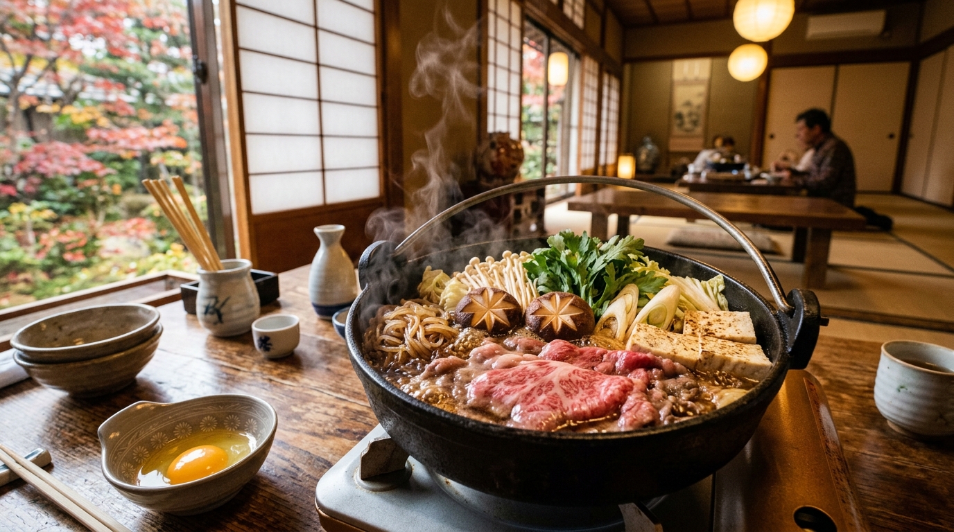 Nồi lẩu Sukiyaki bò Wagyu cẩm thạch sôi sùng sục bên khung cảnh vườn thu Nhật Bản