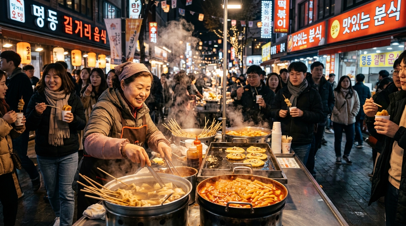 Phố ẩm thực đêm Myeongdong Seoul mùa thu nhộn nhịp khói nghi ngút