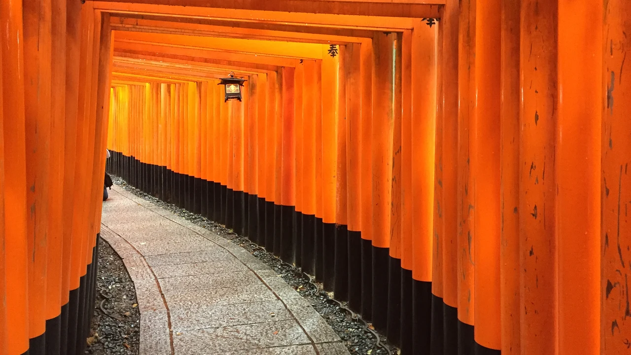 Hàng ngàn chiếc cổng Torii màu đỏ cam son xếp tầng tầng lớp lớp uốn lượn qua sườn núi đền Fushimi Inari