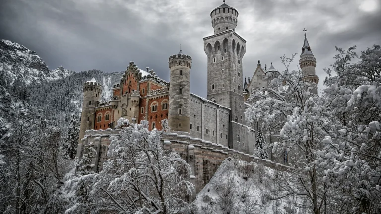 Lâu đài cổ tích Neuschwanstein miền Bavaria Đức sừng sững giữa rừng thông tuyết trắng mùa đông