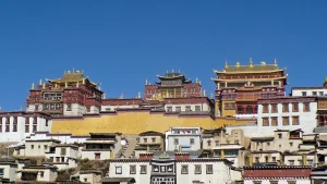 Tu viện Tùng Tán Lâm Shangri-La uy nghiêm tọa lạc trên sườn đồi với các mái điện mạ vàng rực rỡ